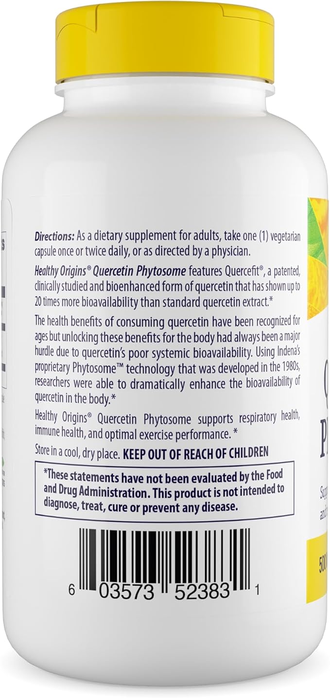 Healthy Origins Quercetin Phytosome 500 mg - Quercetin Supplements for Immune Support &amp Respiratory Support - Vegan Non-GMO &amp Gluten-Free Quercetin Supplement - 120 Veggie Capsules