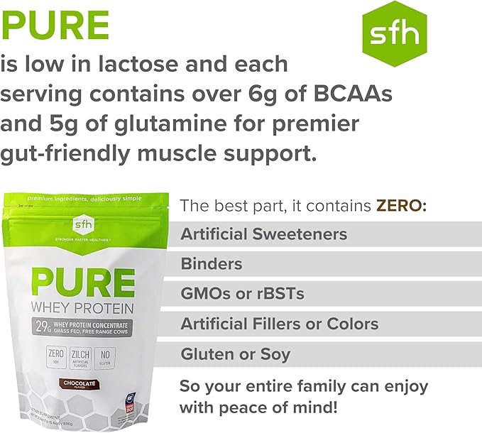 SFH Pure Whey Protein Powder (Chocolate) Best Tasting Grass Fed Whey | All Natural | Non-GMO No Artificials Soy Free Gluten Free | (Chocolate 31.6 Ounce (Pack of 1)