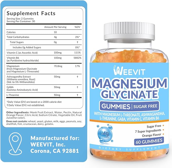Sugar-Free Magnesium Glycinate Gummies with L-Threonate Magnesium Supplements for Women and Men with Ashwagandha L-Theanine GABA Vitamin C B6