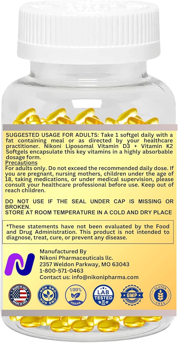 Nikoni Liposomal Vitamin D3 10000 IU Vitamin K2 (MK-7) 250 mcg Infused with Coconut &amp Avacado Oil Easy to Swallow Supports Calcium Absorption Bone Health 180 Vegan Softgels