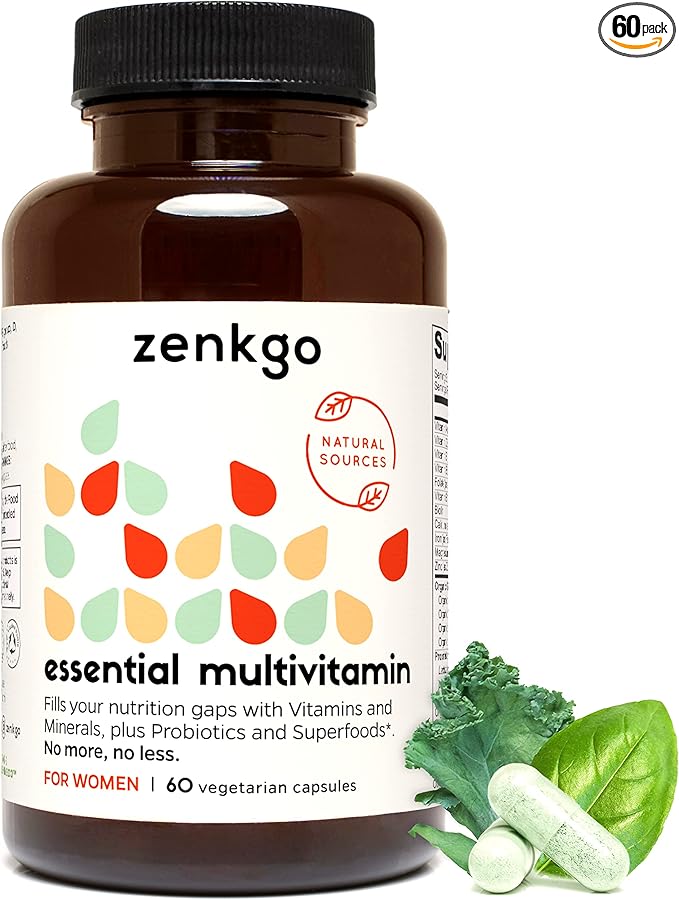 Zenkgo Women's Vitamins + Probiotics 25B CFU + Organic Whole Foods Supports Immunity Digestion Energy Daily Vitamins A E B6 B12 Vegan D3 K2 (MK-7) Folate Minerals Superfoods(60Ct/30Day)