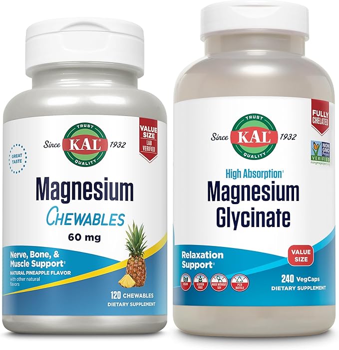 KAL Magnesium Citrate Chewables and Magnesium Glycinate 350 Bundle Nerve Bone Muscle and Enzyme Support 120 Chews 240 VegCaps