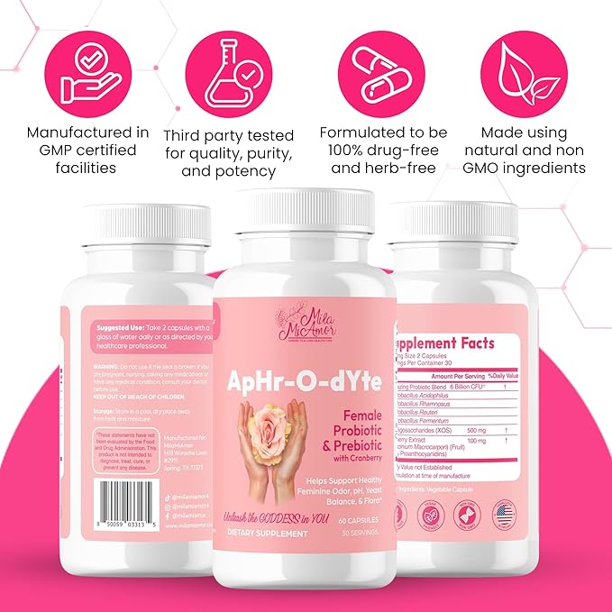 Mila Miamor ApHr-O-dYte Women’s Probiotic and Prebiotic with Cranberry - Gluten-Free Non-GMO Supplement for Feminine Health pH Balance Odor Control Urinary Tract - 60 Capsules