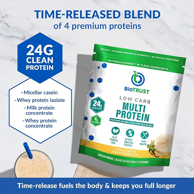 BioTrust Low Carb Protein Powder – Natural and Delicious Whey &amp Casein Blend from Grass-Fed Hormone Free Cows – Non GMO Soy Free Gluten Free Hormone Free (Vanilla 3-Pack)