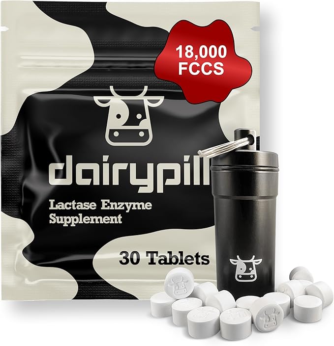 DairyPill Lactase Enzyme 18000 FCCs per Pill 30 Count Solution for Lactose Intolerance Portable Easy to Swallow Preservative and Gluten Free American Made Non GMO