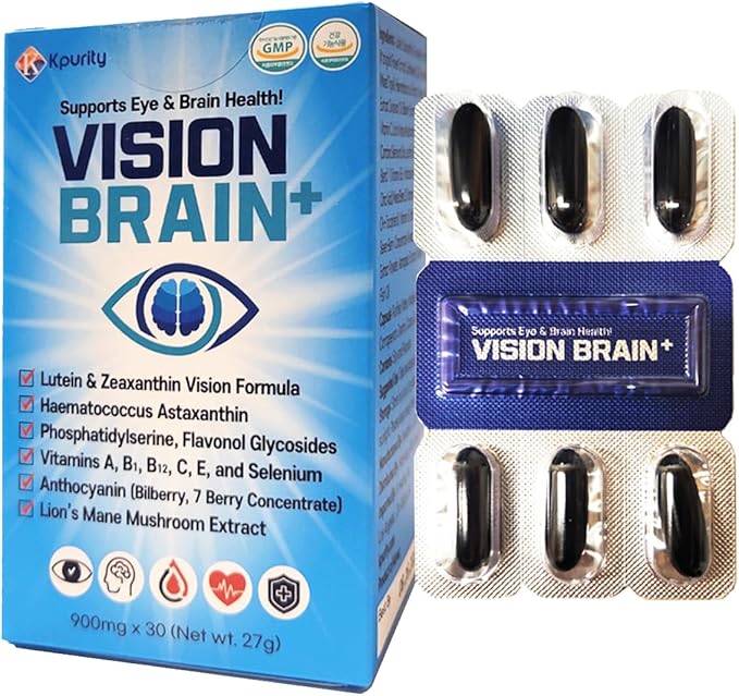 KPurity VisionBrain+ Eye &amp Brain Health Supplement with Lutein &amp Zeaxanthin - Enhances Memory Focus and Brain Performance - 30-Day Supply Softgels (1 Box VisionBrain+)