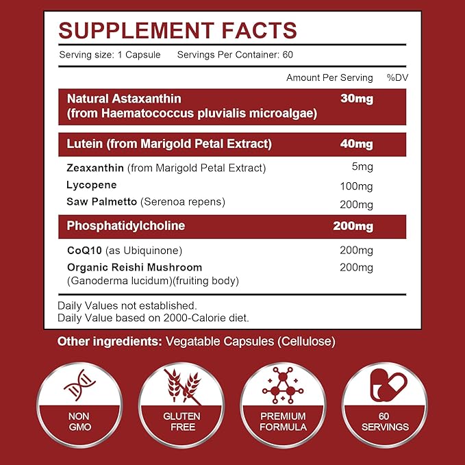 Astaxanthin and Lycopene 70mgAstaxanthin Supplement with Phosphatidylcholine Lutein and Zeaxanthin Powerful Antioxidants Supplement (180 Capsules)
