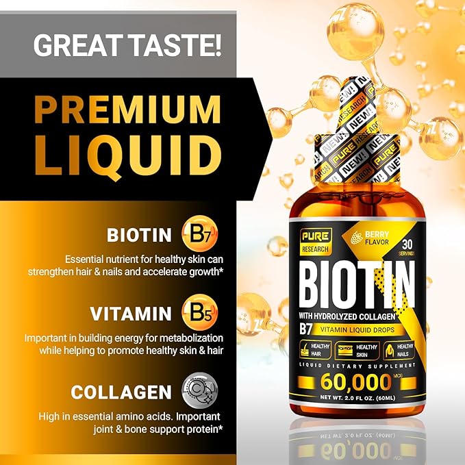 Liquid Biotin &amp Collagen Hair Growth Drops 60000mcg - Biotin and Liquid Collagen Supplement for Men &amp Women - Glowing Skin Support Healthy Hair &amp Nail Growth - 2oz