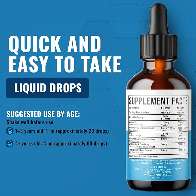 Total Immune 6-in-1 Liquid Multivitamin Supplement | 100% Daily Zinc Vitamin D3 Vitamin C Immunity Drops Vitamin Liquid | Elderberry Echinacea Ginger Support for Adults &amp Kids | 4 oz Passion F