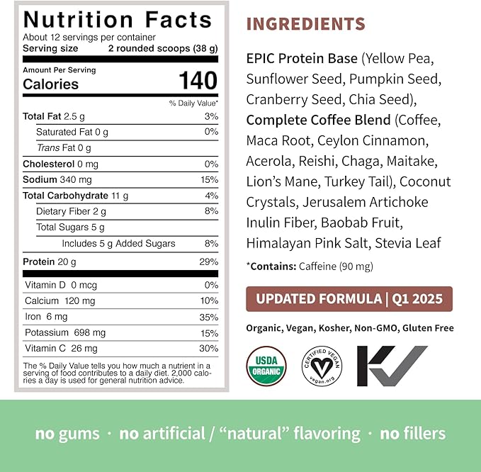 Sprout Living Epic Protein Plant Based Protein &amp Superfoods Powder Complete Coffee | 20 Grams Organic Protein Powder Adaptogens Mushrooms Vegan Non-GMO Gluten Free (1 Pound 12 Servings)