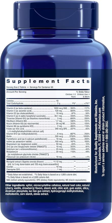 Life Extension Children's Formula Mix™ multivitamin for Kids 18 Essential Vitamins and Minerals Berry Flavored with no Added Sucrose Gluten-Free Non-GMO 120 chewable Tablets