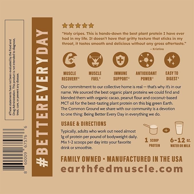 Earth Fed Muscle Common Ground Plant Protein Powder – Chocolate Peanut Butter Protein Powder with MCT Oil Soy &amp Gluten Free No Added Sugar Keto - 30 Servings