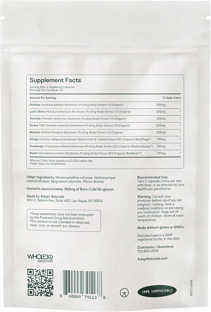 Adapt Naturals Bio-Avail Myco - 8-in-1 Bioavailable Mushroom Supplement Mushroom Complex - Chaga Cordyceps Reishi Lions Mane - Blood Pressure Memory Immune - 120 Capsules
