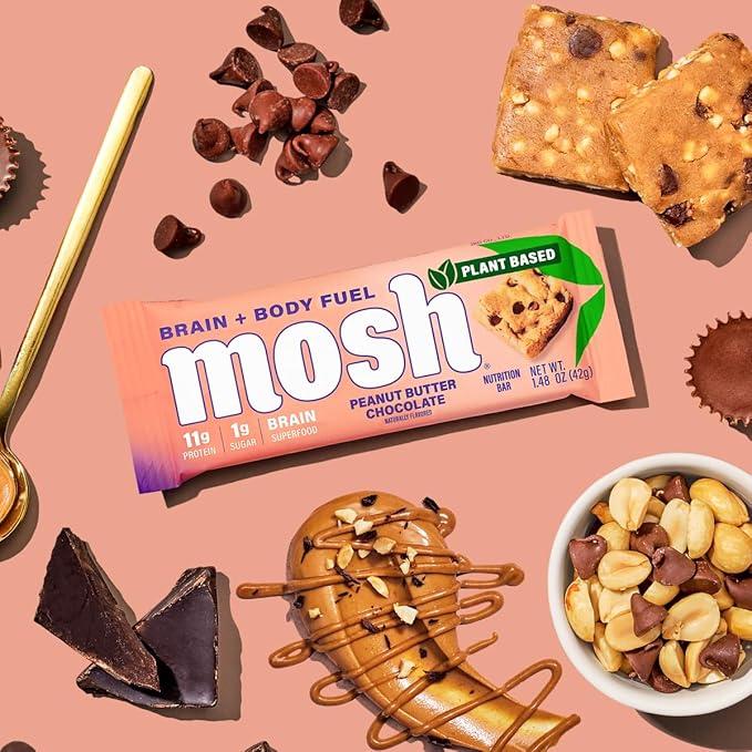 MOSH Peanut Butter Chocolate Plant Based Keto Protein Bars High Protein Gluten Free Brain Healthy Snack with Ashwagandha and Lion's Mane 12 Count