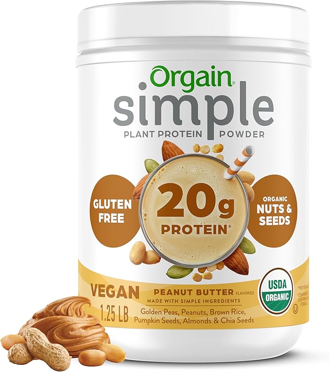Orgain Organic Simple Vegan Protein Powder Peanut Butter - 20g Plant Based Protein With less Ingredients No Artificial Sweeteners Gluten Free No Dairy or Lactose 1.25 lb (Packaging May Vary)