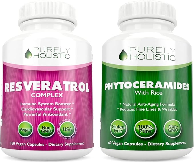 Purely Holistic Resveratrol 1450mg + Phytoceramides Skin Therapy - Vegan Bundle - 180 + 60 Capsules - Packed with Potent Antioxidants - Made in USA