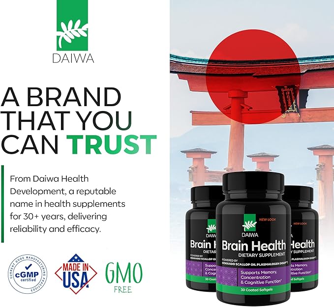 DAIWA Advanced Omega-3 Brain Supplement - Phospholipid Omega Formula with Hokkaido Scallop Oil Plasmalogen for Memory Focus and Cognitive Wellness - 60 Softgels