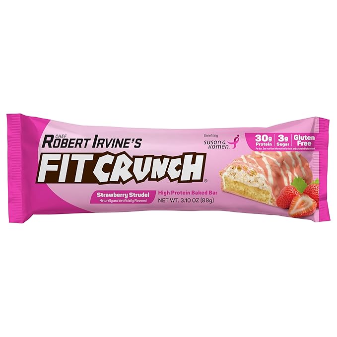 FITCRUNCH Full Size Protein Bars 6-Layer Baked Bar 3g of Sugar Gluten Free &amp Soft Cake Core (12 Bars Strawberry Strudel)