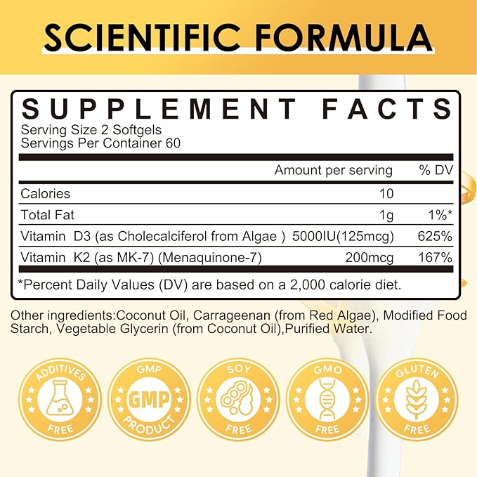 Vitamin D3 K2 Supplement with Vitamin D3 5000 IU 200 mcg Vitamin K2 MK-7 &amp Natural Coconut Oil Plant Based 2-1 Formula for Bone Teeth Muscle and Immune Health Support120 Softgel Capsules