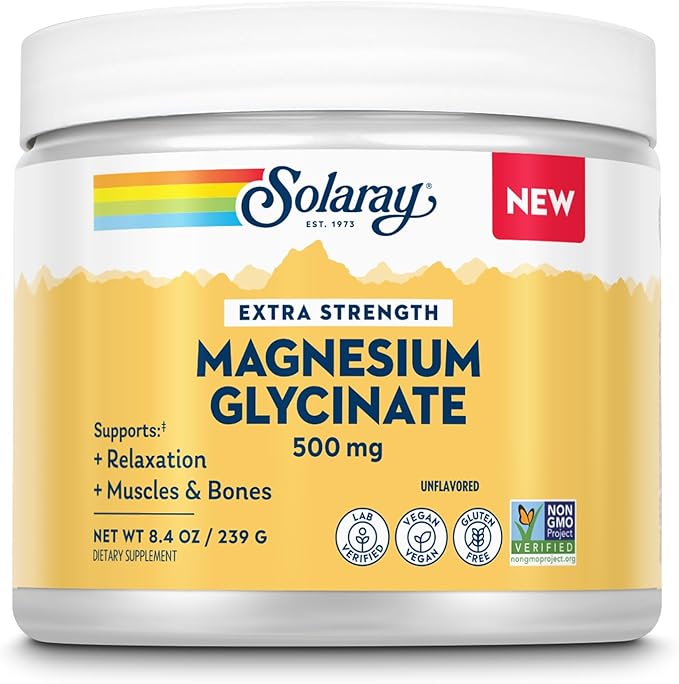 SOLARAY Magnesium Glycinate 500mg Powder - Extra Strength Unflavored Magnesium Supplement for Bone Muscle and Relaxation Support - Vegan Gluten Free Non-GMO 60-Day Guarantee - 30 Servings 8.4 OZ