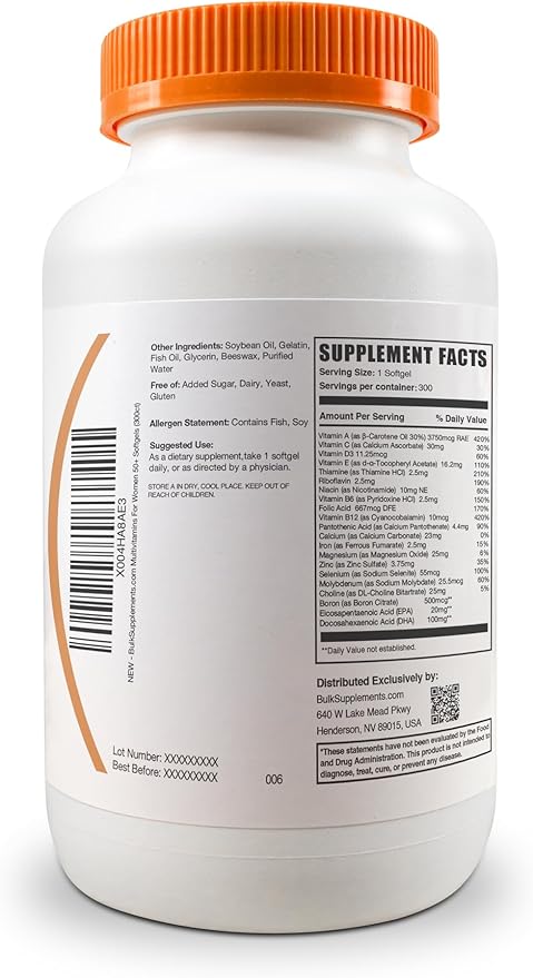 BulkSupplements.com Multivitamin for Women 50 Plus Softgels - Women's Daily Vitamins Multimineral Supplement - Complete Multivitamin with Fish Oil - 1 Softgel per Serving 300 Count (Pack of 1)