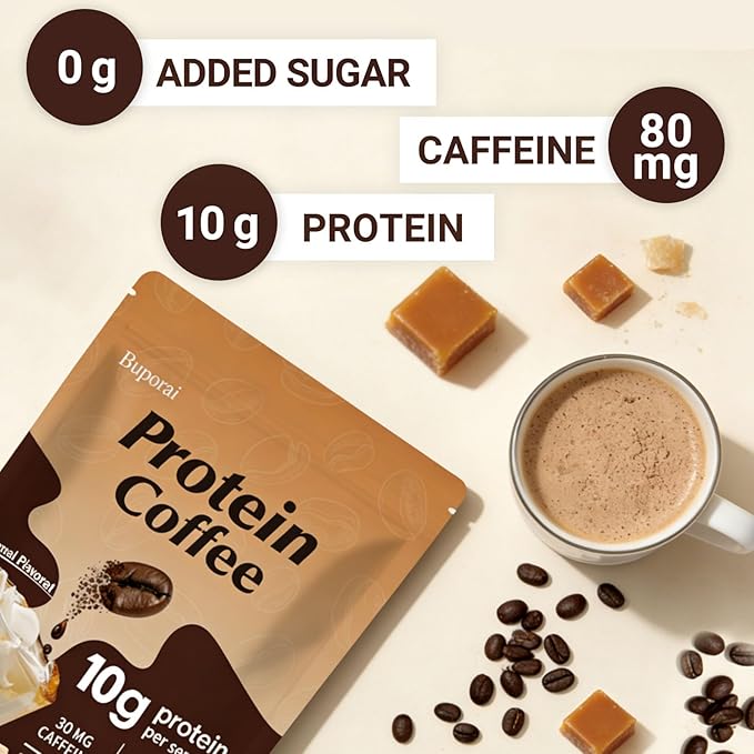 Protein Coffee Powder - Caramel Protein Iced Coffee 0g Sugar Keto Friendly 80 mg Caffeine Per Serving - 20 Servings