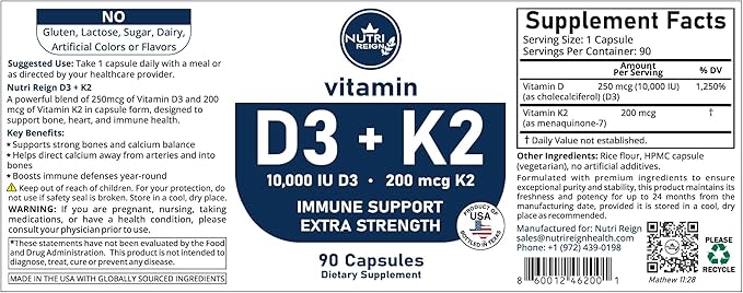 Vitamin D3 + K2 10000 IU D3 200 mcg K2 90 Capsules