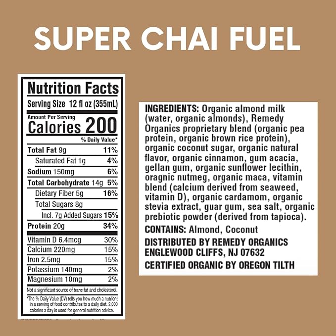 Remedy Organics Super Chai Fuel 12-Pack | Plant Based 20g Protein Shakes Ready to Drink | USDA Organic Gluten Free Dairy Free Soy Free