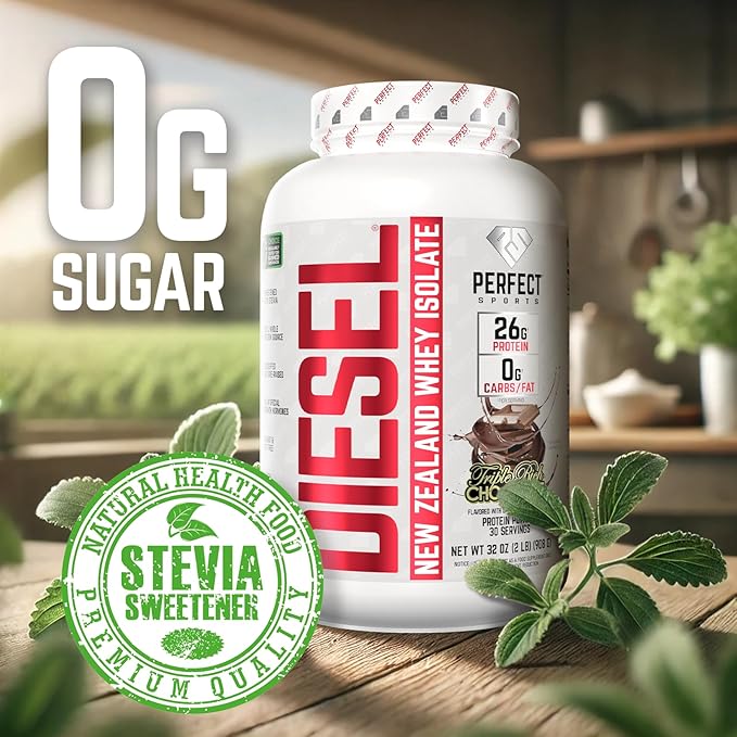 PERFECT SPORTS Diesel 100% New Zealand Whey Protein Isolate | Stevia Sweetened No Artificial Ingredients Keto | 0g Carb 0g Fat 26g Protein | 2 Pounds (Triple Rich Dark Chocolate)