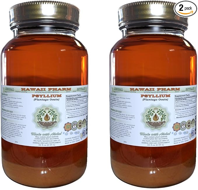 Psyllium Alcohol-Free Liquid Extract Psyllium (Plantago Ovata) Seed Glycerite Natural Herbal Supplement Hawaii Pharm 2x32 fl.oz