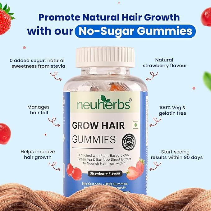 Grow Hair 30 Gummies with BiotinBamboo Shoot ExtractGreen Tea ExtractIronVitamin B12B2Folic Acid Keeps Hair Healthy &amp StrongNatural Strawberry Flavored100% VegetarianGelatin Free