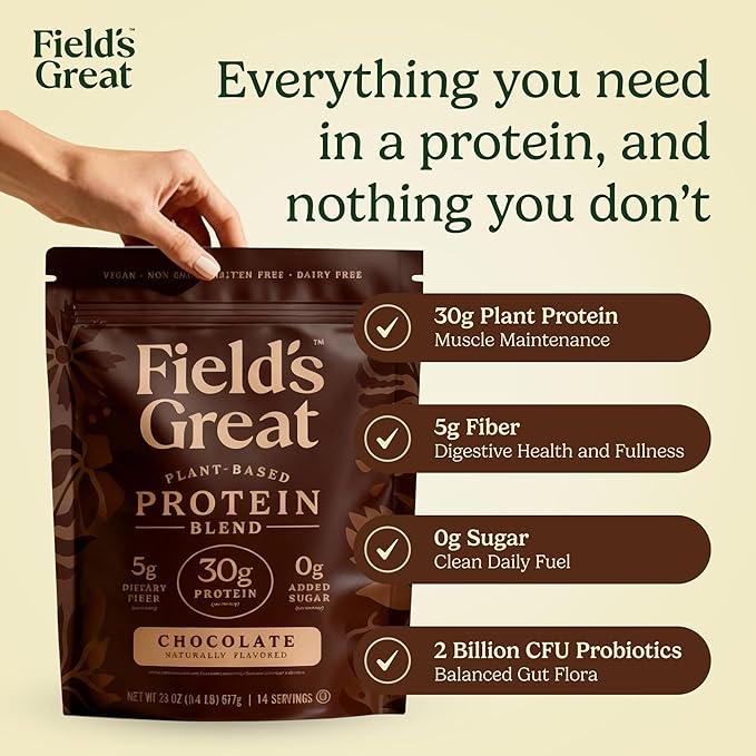 Field's Great All-in-One Plant-Based Chocolate Protein Shake Powder – Healthy Aging 30g Protein 5g Fiber + Probiotics Gut-Friendly Blood Sugar &amp Muscle Support Vegan Meal Replacement GLP1 2