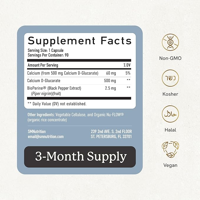 Calcium D-Glucarate | 500MG | CDG for Liver Detox and Cleanse Hormone Balance and Menopause Support | Calcium Supplement | Vegan Non-GMO Third-Party Tested | 90 Capsules (3-Month Supply)