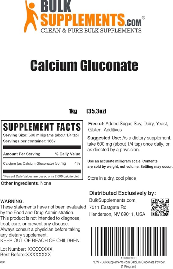 BulkSupplements.com Calcium Gluconate Powder - Calcium Supplement Easily Absorbed - Unflavored &amp Gluten Free 600mg per Serving 1kg (2.2 lbs) (Pack of 1)