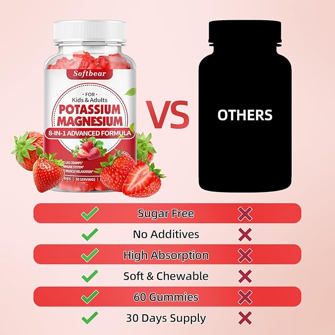 softbear Potassium Gummies for Adults High Absorption Magnesium Potassium Supplement with Vitamin B6 for Leg Cramps &amp Muscle Health Sugar-Free Vegan Strawberry 120 Gummies
