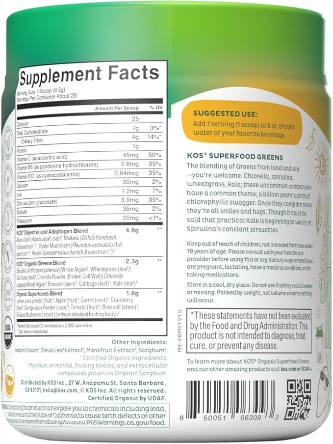 KOS Organic Superfood Greens Powder - Gut Health from Prebiotic Fiber Supergreens and Adaptogens - USDA Certified Organic Made in a GMP Certified Facility - 28 Servings Mango