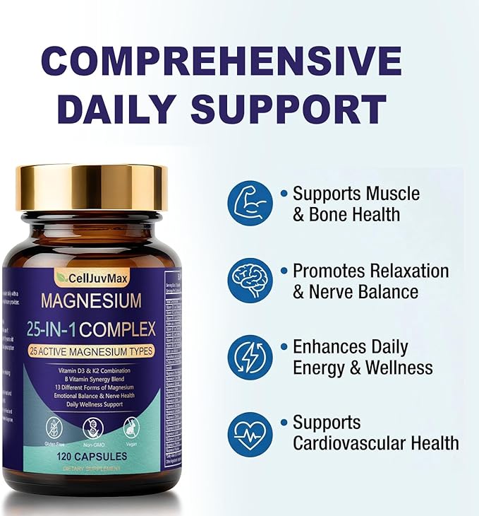 Magnesium 25-in-1 Complex Supplement – 700mg High Absorption Magnesium Glycinate Citrate Malate &amp Taurate Blend for Muscle Nerve Sleep Support – 120 Vegan Capsules for Women &amp Men (1)