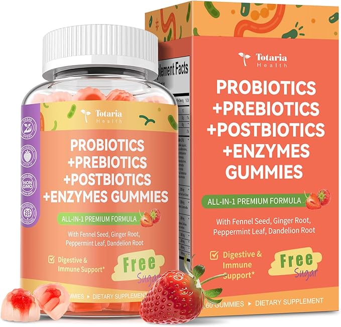 Totaria Sugar Free 5-in-1 Probiotic Prebiotic Postbiotic Gummy 36 Strains Probiotics for Women Men with Digestive Enzymes Peppermint Complete Immune Gut &amp Digestive Support Vegan 60 Counts