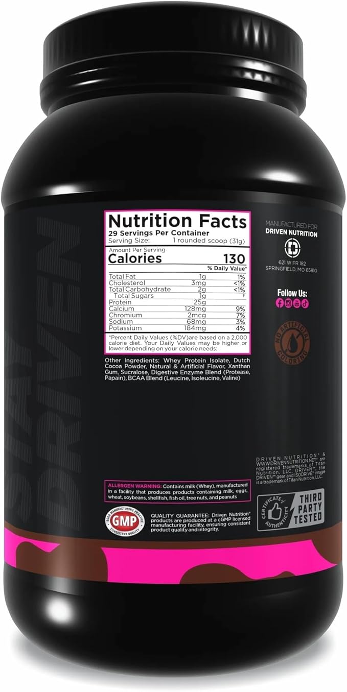 Driven Nutrition IsoDrive Whey Isolate Protein Powder 2lb (Chocolate) – 25g Protein Enzyme Enhanced for Absorption Ultra Clean