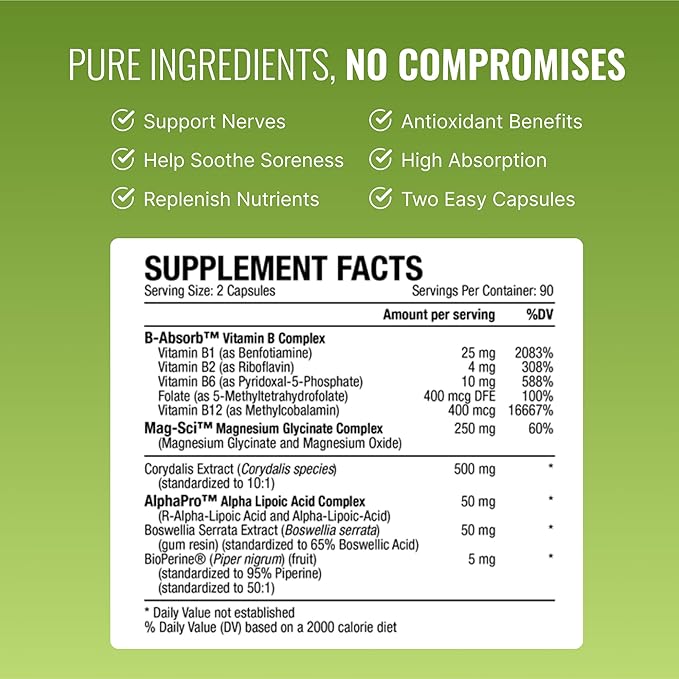 Approved Science Nervprin - Nerve Support - Benfotiamine B12 R-Alpha-Lipoic Acid Corydalis Boswellia BioPerine - 180 Capsules - Made in The USA