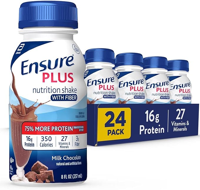 Ensure Plus Nutrition Shake with 16 Grams of Protein &amp Ensure Plus Nutrition Shake With Fiber 16 Grams of Protein Meal Replacement Liquid Milk Chocolate gluten free 8 Fl Oz (Pack of 24)
