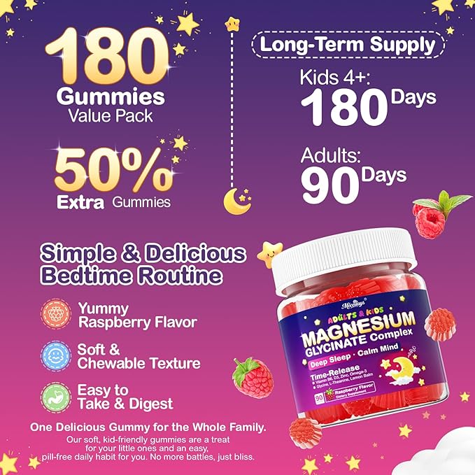 Magnesium Glycinate Gummies for Kids 4+ &amp Adults 180 Counts No Melatonin Magnesium Gummies for Sleep &amp Calm Sugar Free Vegan with Glycine L-Theanine B6 D3 Zinc &amp Omega 3 - Raspberry