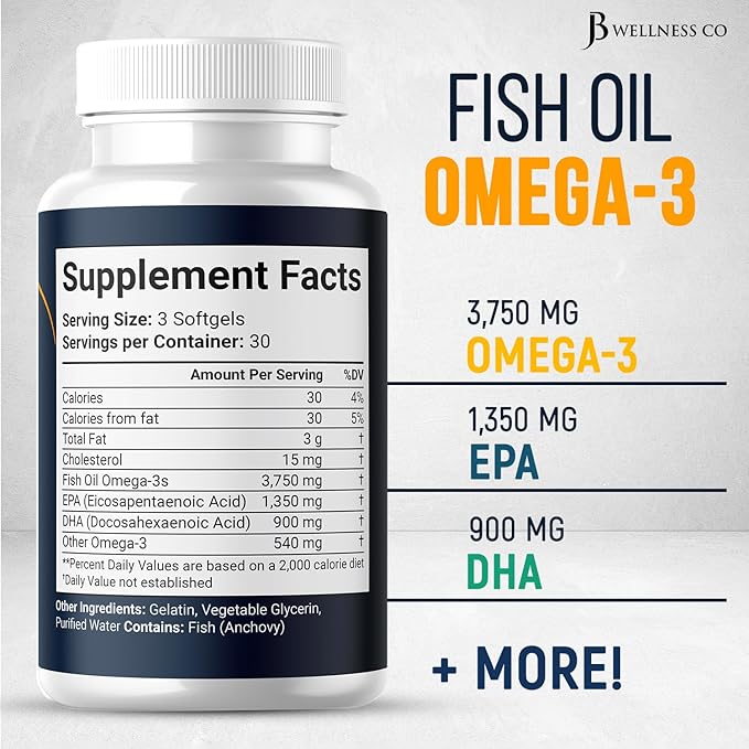 Triple Strength Omega 3 Fish Oil 3750 mg - EPA &amp DHA - Over 3000mg Omega-3 Fatty Acids - 1350mg EPA + 900mg DHA - Best Essential Fatty Acids Burpless Fish Oil - 270 Count
