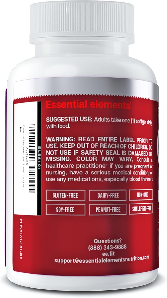 Essential Elements CoQ10 100mg Softgels for Heart Brain and Vascular Support - Comprehensive Coenzyme Q10 Supplement Formulated for Optimal Absorption - 60 Count 2 Month Supply