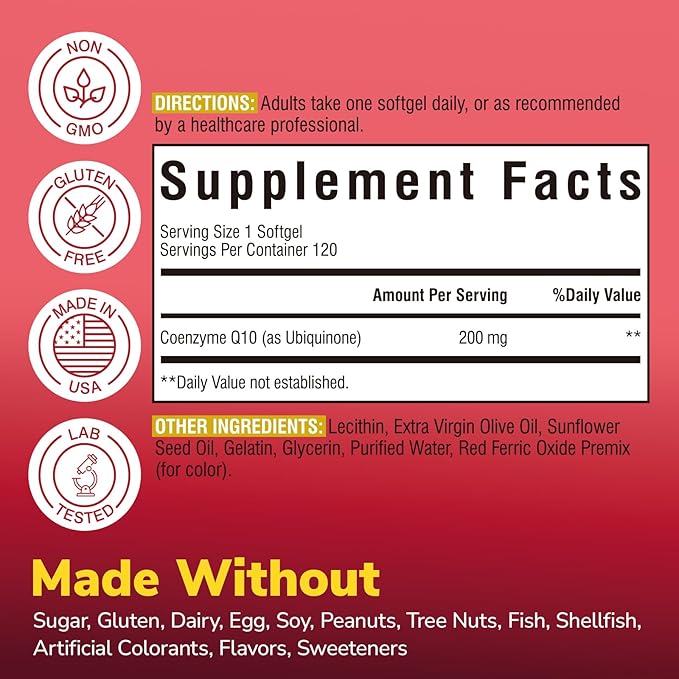 CoQ10 200 mg with Extra Virgin Olive Oil High Absorption CoQ10 Ubiquinone Max Potency Heart &amp Cellular Energy Support Powerful Antioxidant Easy to Swallow Once Daily 120 Softgels