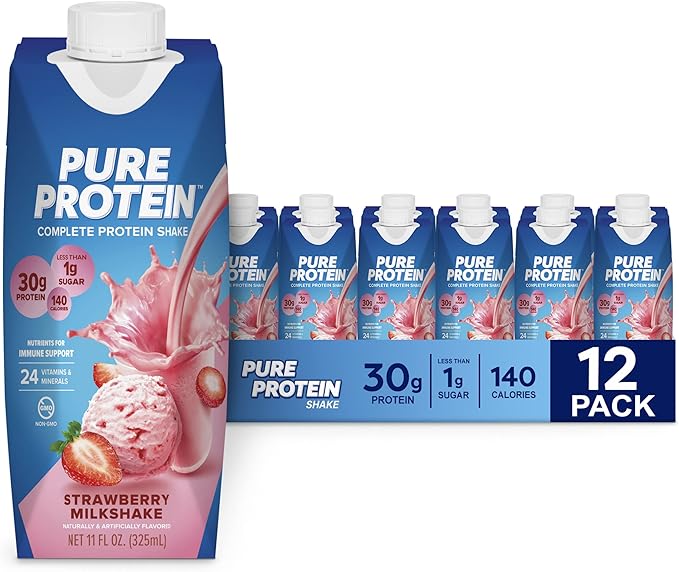 Pure Protein Strawberry and Vanilla Protein Shakes 30g Complete Protein 11oz Bottles 12 Pack Bundle