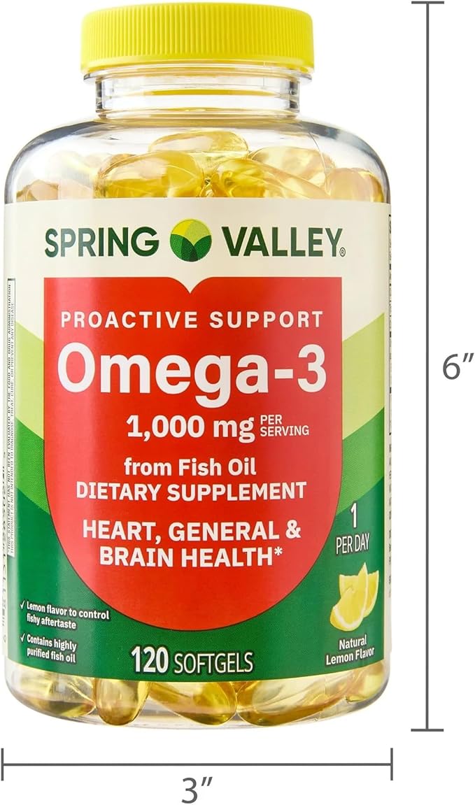Spring Valley Omega-3 Soft Gels 1000mg Natural Lemon Flavor 120 Count – Supports Heart Brain &amp Immune Health