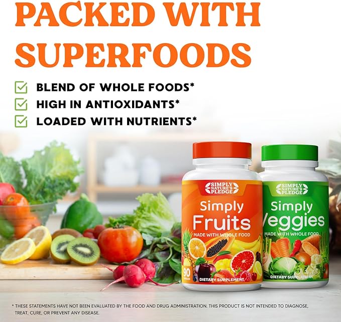Simply Nature's Pledge - Packed with 42 Different Fruits &amp Vegetables - 2-Month Supply - Made with Real Non-GMO Whole Foods - Supports Energy &amp Overall Wellness - Soy-Free - 360 Capsules