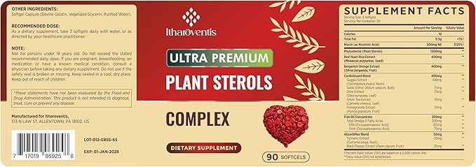 Cholesterol Supplements with Plant Sterols Niacin Red Yeast Rice Bergamot Omega-3 &amp Garlic - Advenced Absorption Formula - 180 Softgels