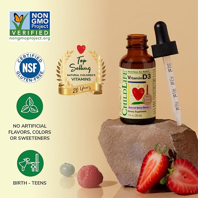 CHILDLIFE ESSENTIALS Vitamin D3 Drops for Kids Children &amp Toddlers - Liquid Vitamin D Drops 500 IU per Drop Immune &amp Bone Health Support Natural Berry - 1 Fl Oz (Pack of 3)